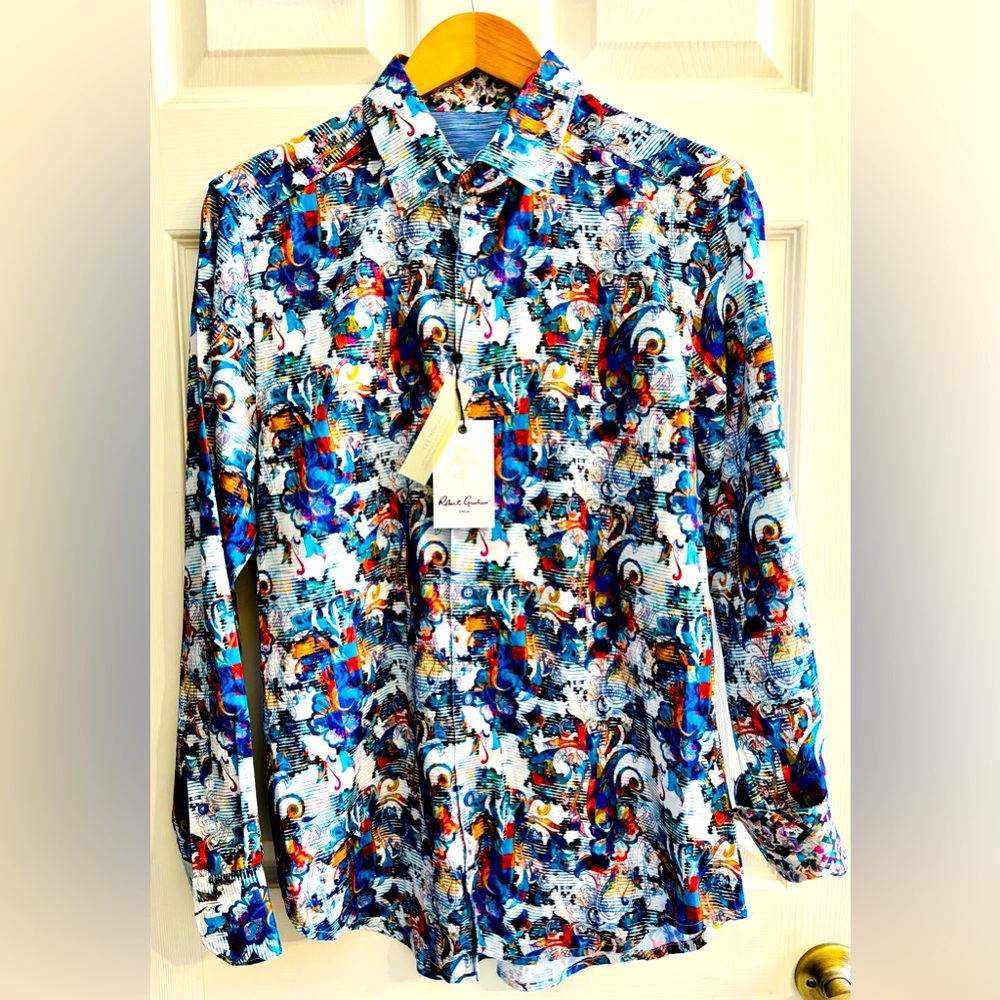 Robert Graham Blue and Orange Casual Button Down Shirt Vibrant Floral Design